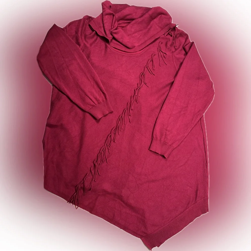 Lee Burgundy Women's Sweater with Fringe Detail, Size 1X - Picture 8 of 11